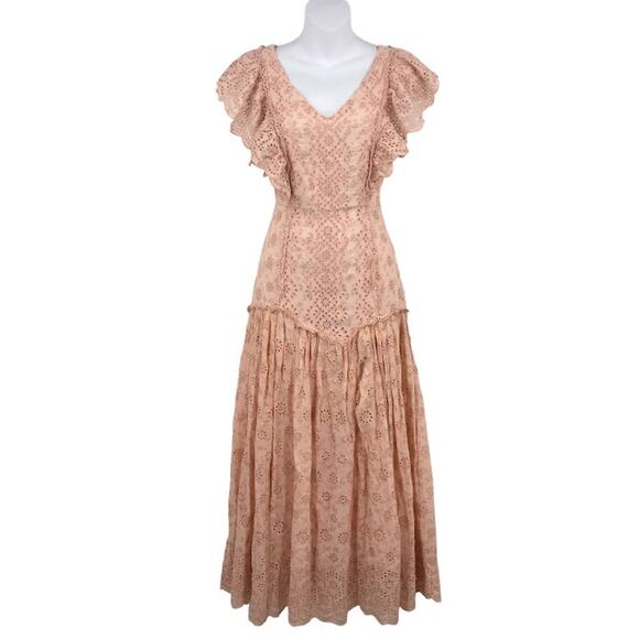 LoveShackFancy Pink Cressida Dress P/00 Cascade Ruffle V-Neck Eyelets Flutter - Picture 1 of 6